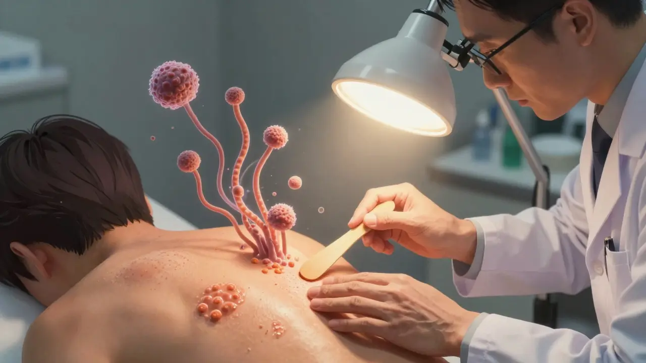 A dermatologist examines skin under a UV light, with fungal structures visualized as glowing spaghetti and meatballs in the air.