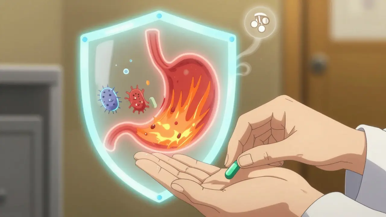 A doctor handing a PPI pill as a protective shield forms around the stomach, repelling harmful elements.