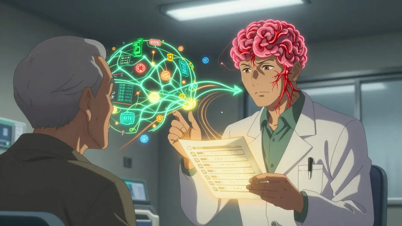 A doctor’s neural network shows a stereotype overriding data, while a glowing checklist redirects their thinking toward accurate diagnosis.