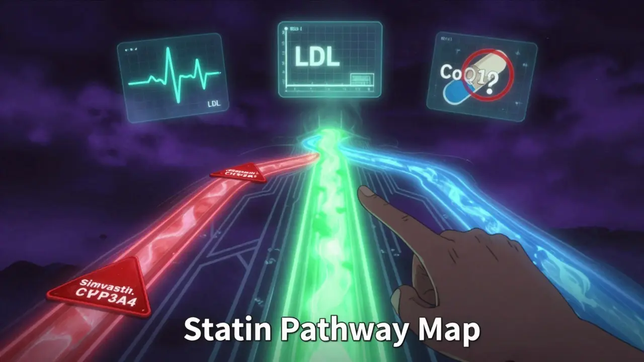 A glowing pathway through the body shows rosuvastatin and pravastatin as smooth, safe routes compared to blocked simvastatin.