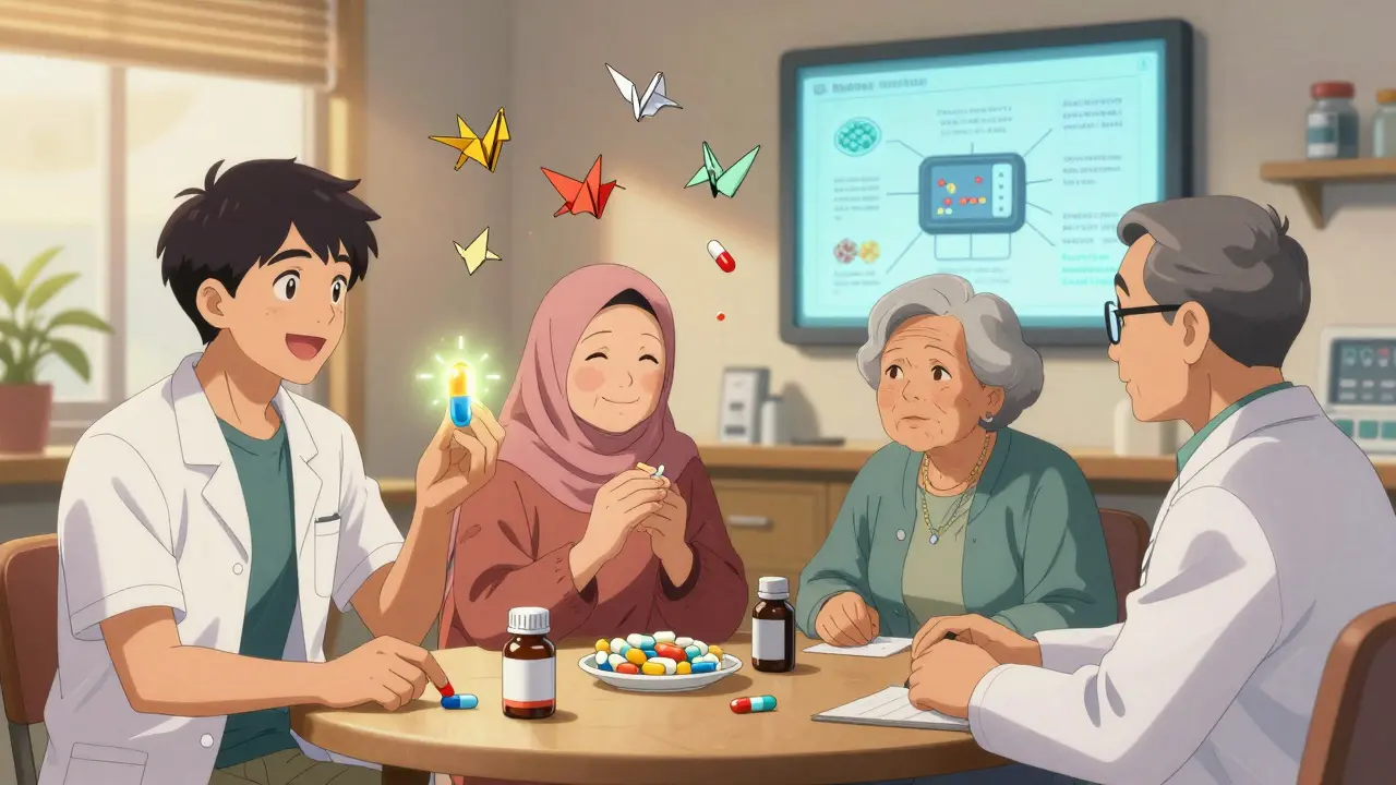 A multicultural group in a clinic, smiling as glowing pill icons explain ingredients and cultural certifications.