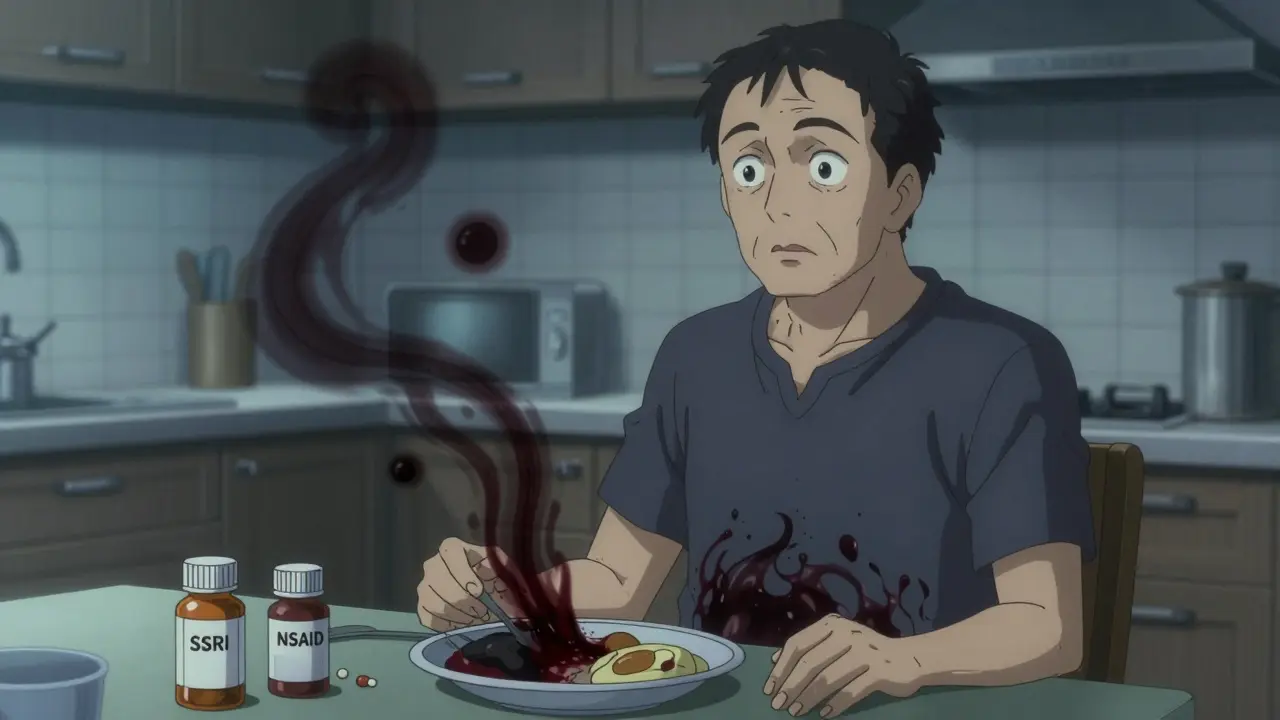 A patient staring at pill bottles as ghostly blood shadows rise from their abdomen, conveying silent danger.