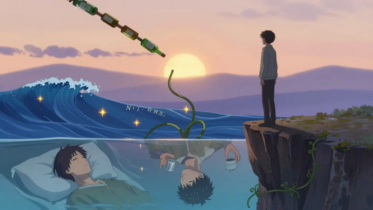 A person at dawn letting go of alcohol bottles as healthy sleep rises like vines toward the sun.