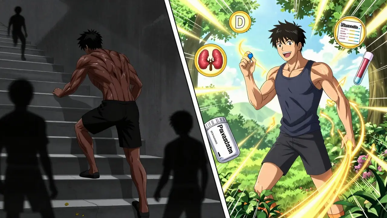 A person overcomes muscle pain to garden, with a pravastatin pill emitting healing energy and medical icons nearby.