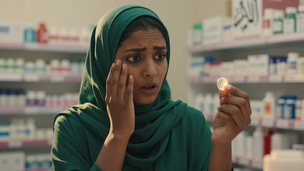 A Somali woman staring at a green generic pill, memories of her white pill floating beside her in soft light.