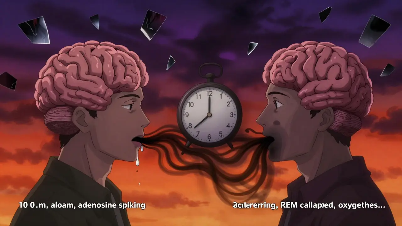 A split-brain illustration showing alcohol’s impact on sleep stages from bedtime to early morning.