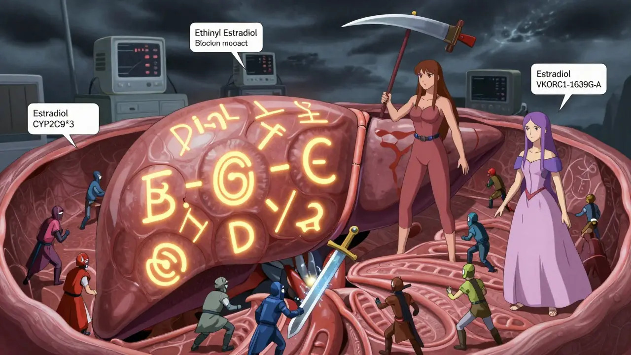 A surreal liver battlefield where warfarin and estrogen molecules clash, with genetic markers glowing like runes.