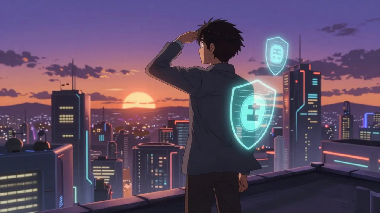 Determined anime figure on rooftop looking at futuristic city skyline.
