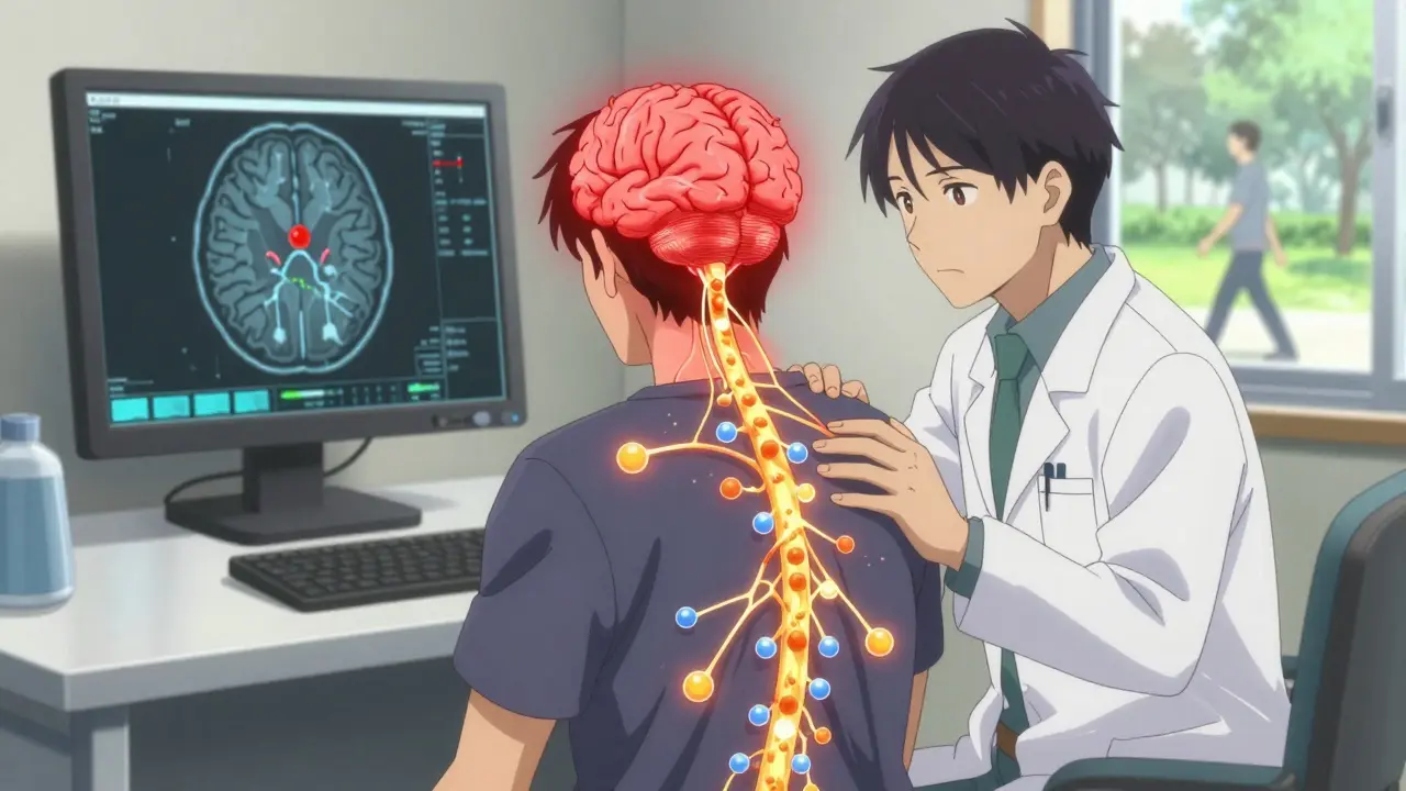 Doctor and patient in clinic with neural pathways showing how antidepressants reduce pain signals in the nervous system.