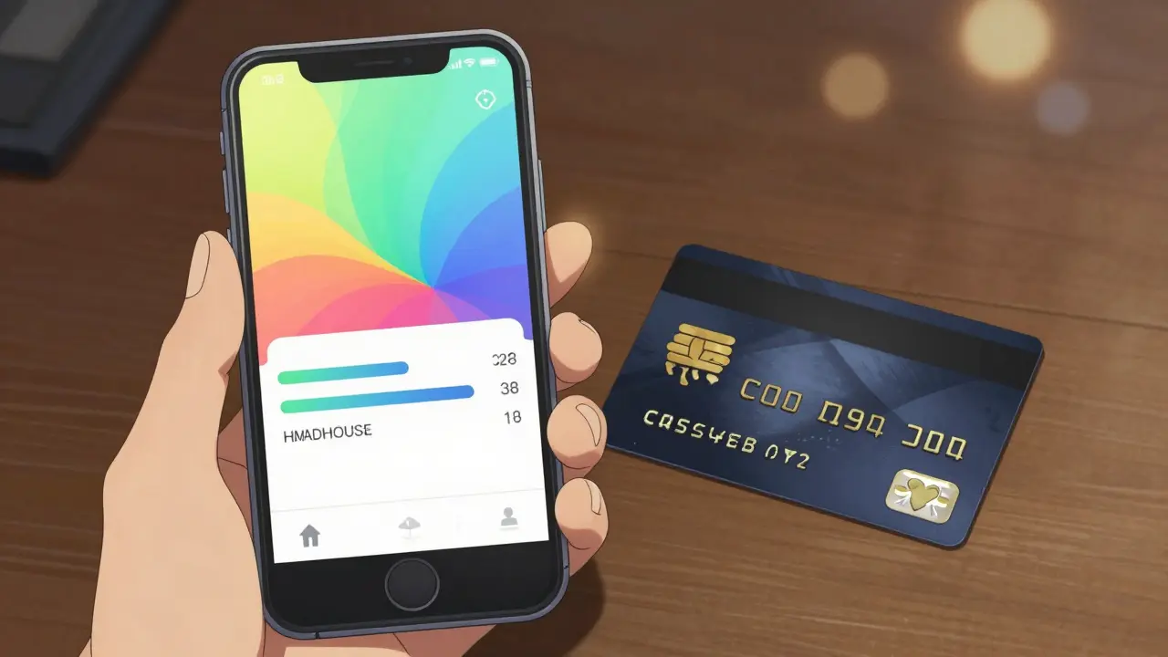 Hand holding smartphone app next to insurance card on table.