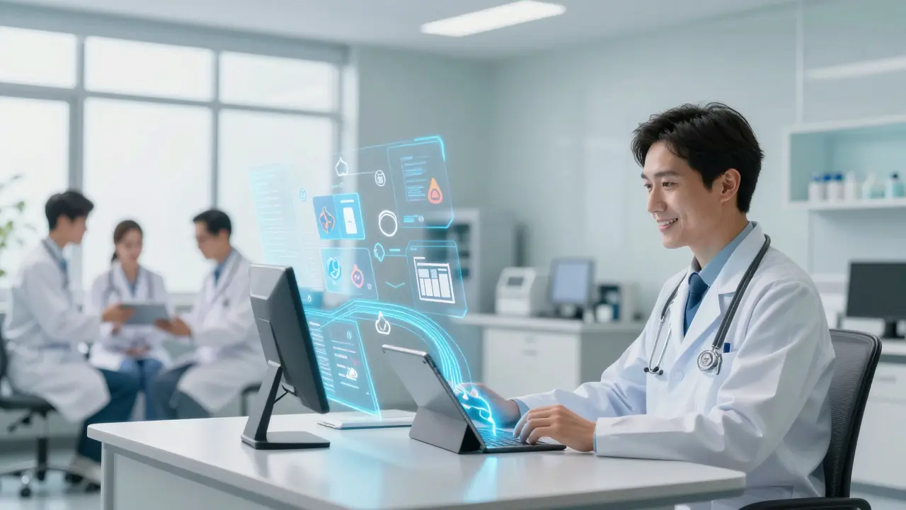Healthcare providers using tablets connected by digital networks in clinic.
