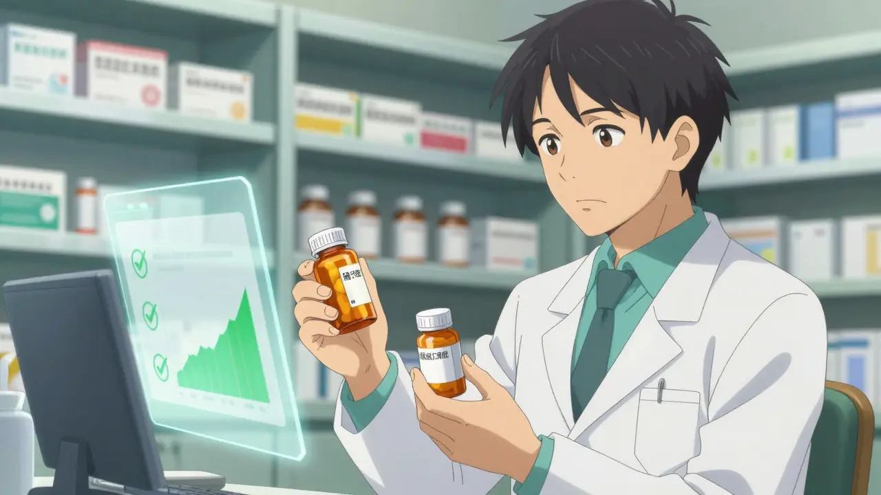 Pharmacist comparing medication bottles during a therapy review session.