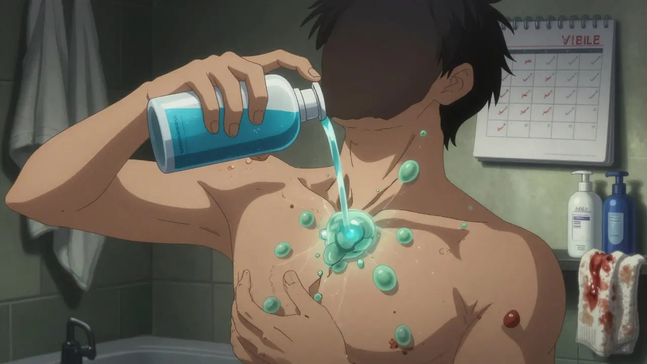 Someone applies antifungal shampoo monthly, with yeast cells fading away as they follow a prevention routine.