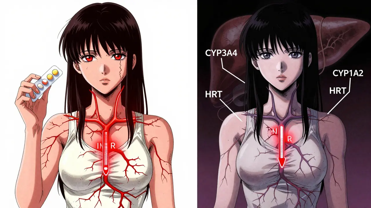 Two women illustrated with opposing INR changes: one bleeding, one clotting, with liver enzymes swirling in the background.