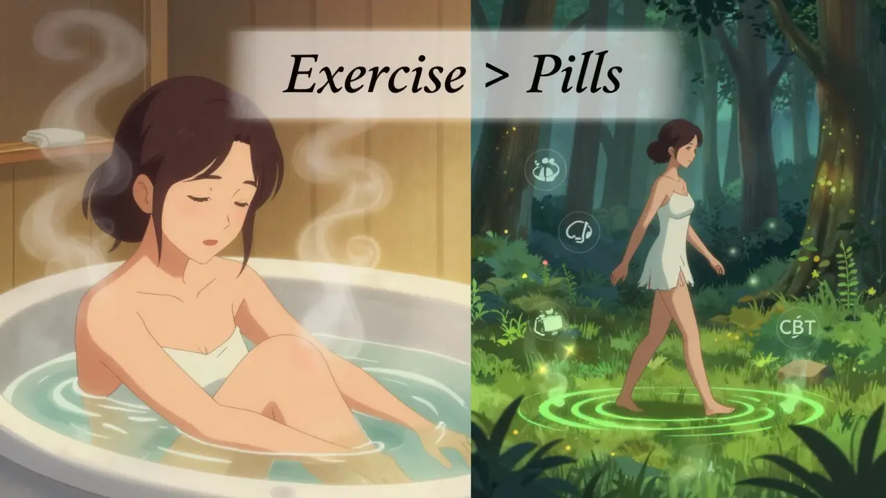 Woman in warm bath and walking at dawn, symbolizing combined therapies of heat and exercise for fibromyalgia relief.