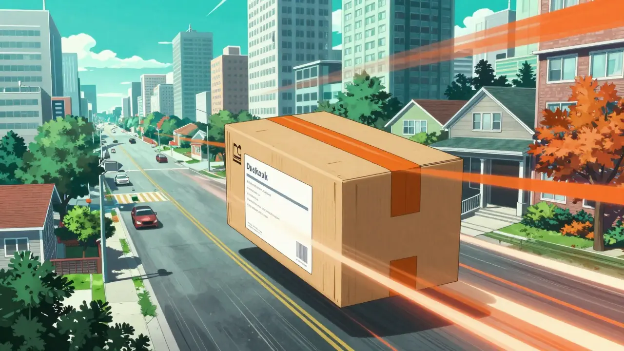 A delivery package traveling from Canada to the US depicted in anime style