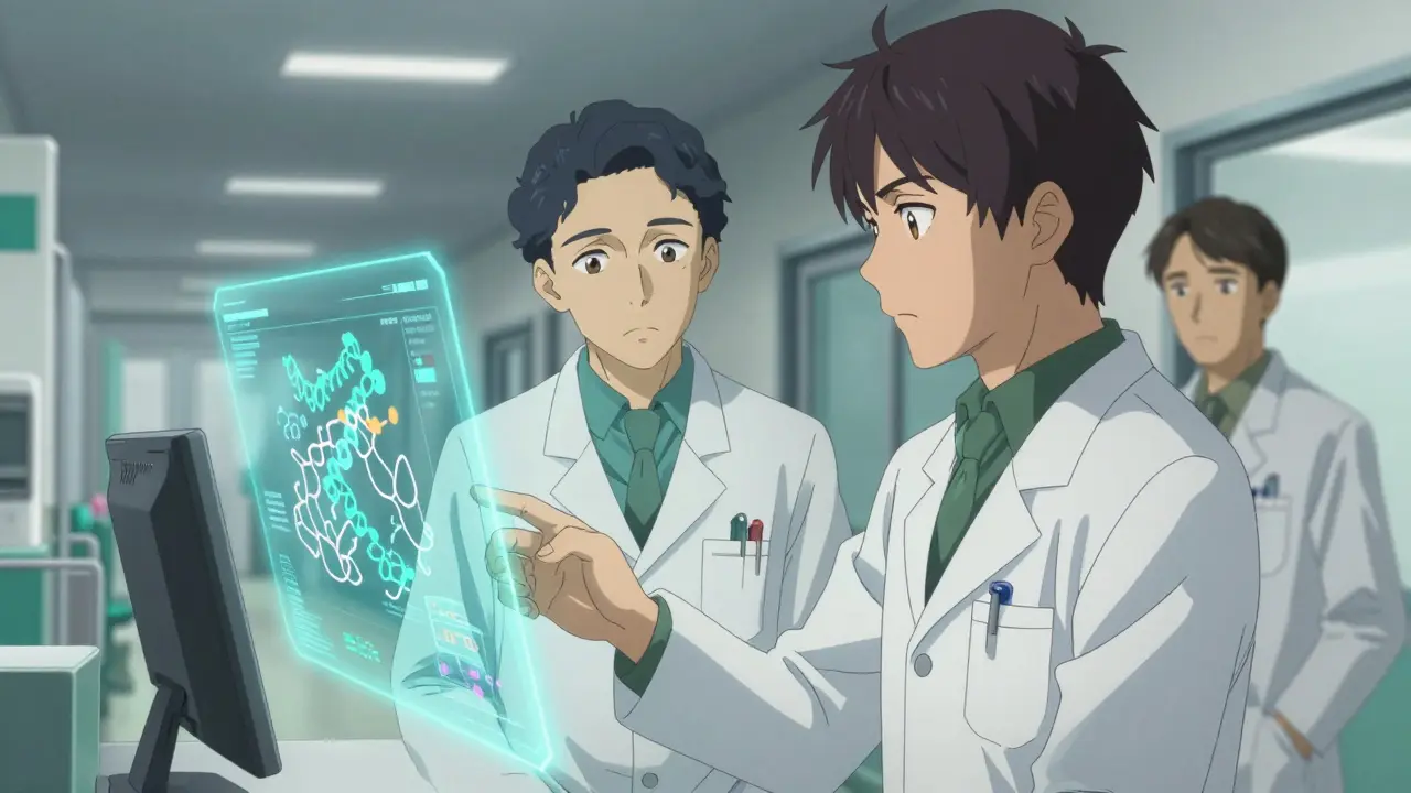 A doctor and pharmacist discussing biosimilar data in a modern hospital setting