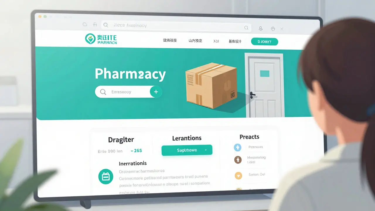 A person using a secure online pharmacy website with a delivery package arriving in anime style.
