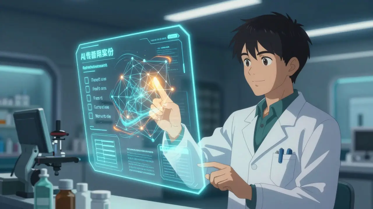 A pharmacist using a holographic AI interface to predict and prevent medication errors.