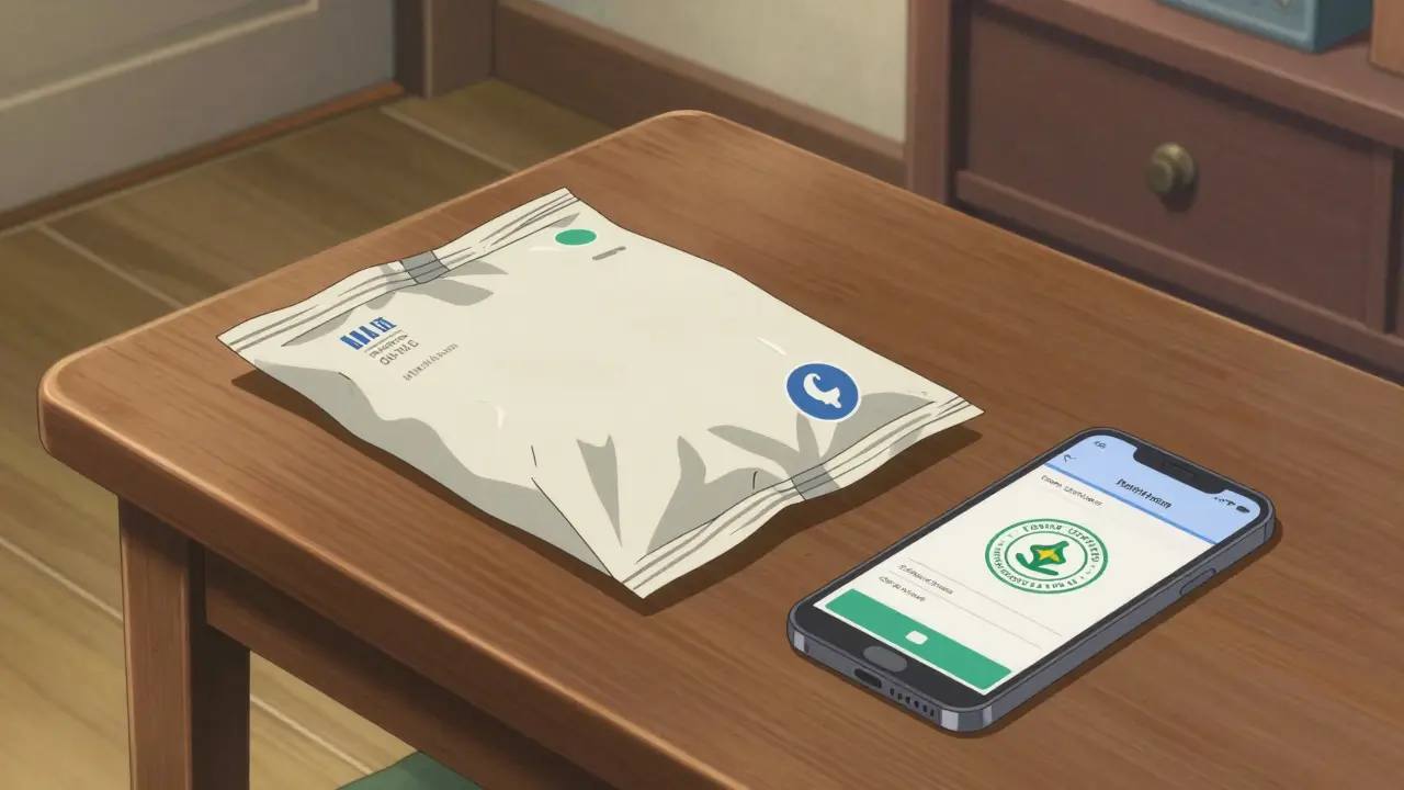 A secure pharmacy package delivered to a home next to a smartphone showing a verified prescription