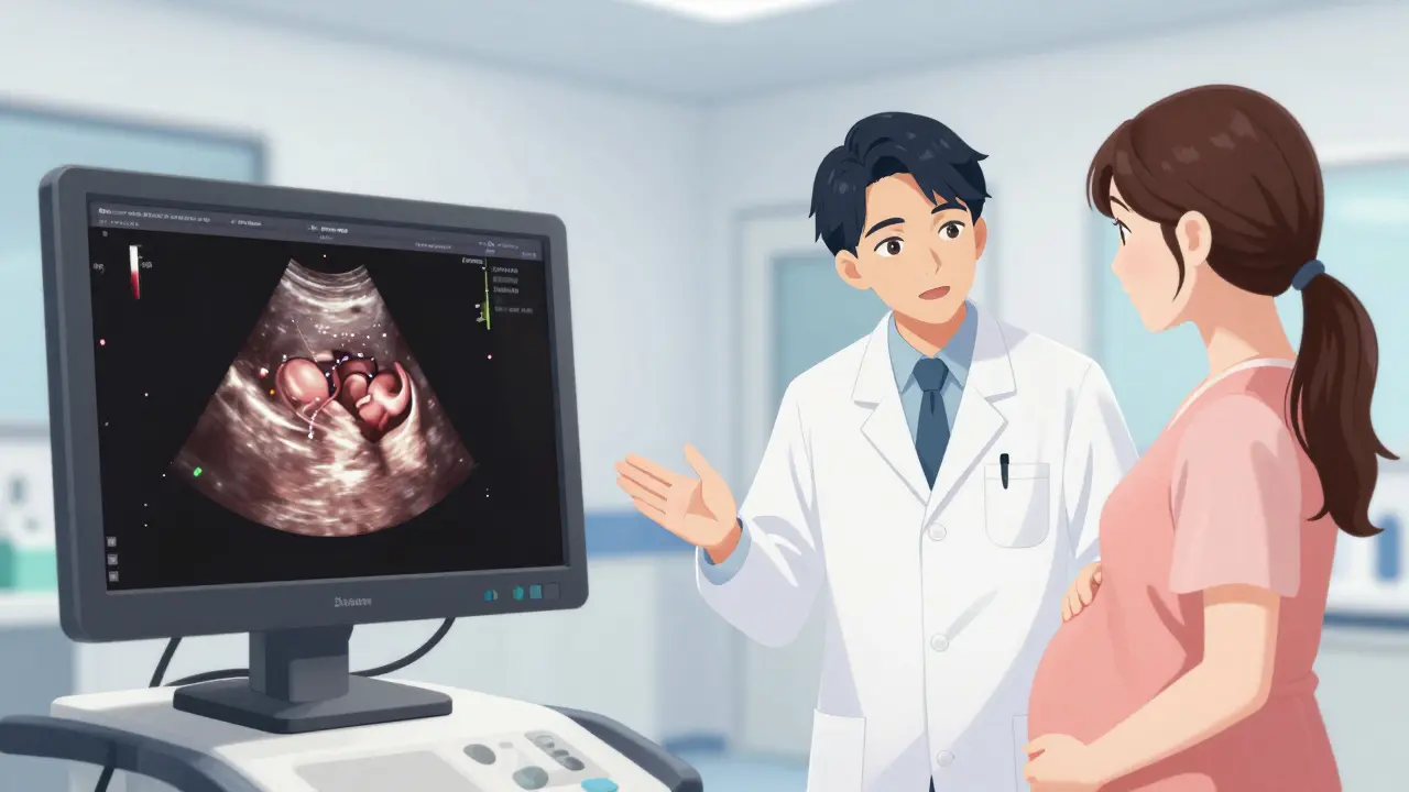 Anime scene showing a doctor and a pregnant woman reviewing a fetal heart ultrasound.