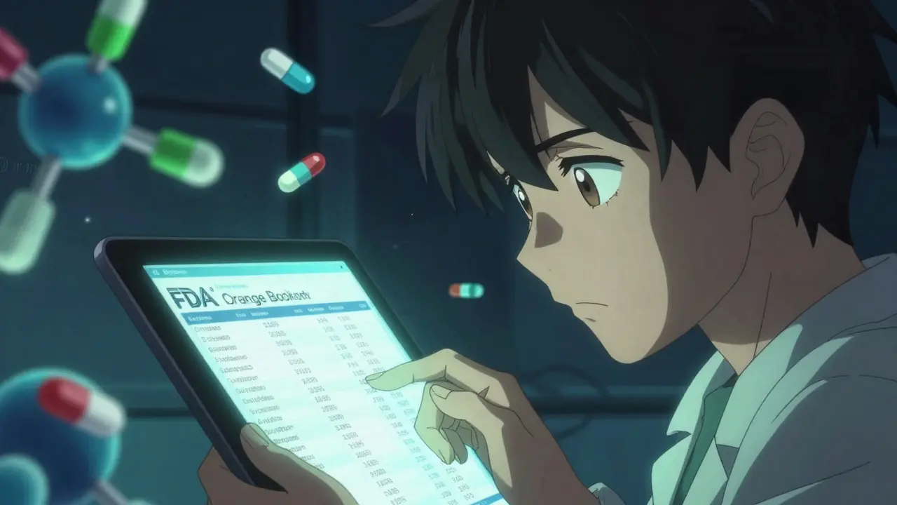 Close-up of an anime pharmacist analyzing drug equivalence data on a glowing tablet.