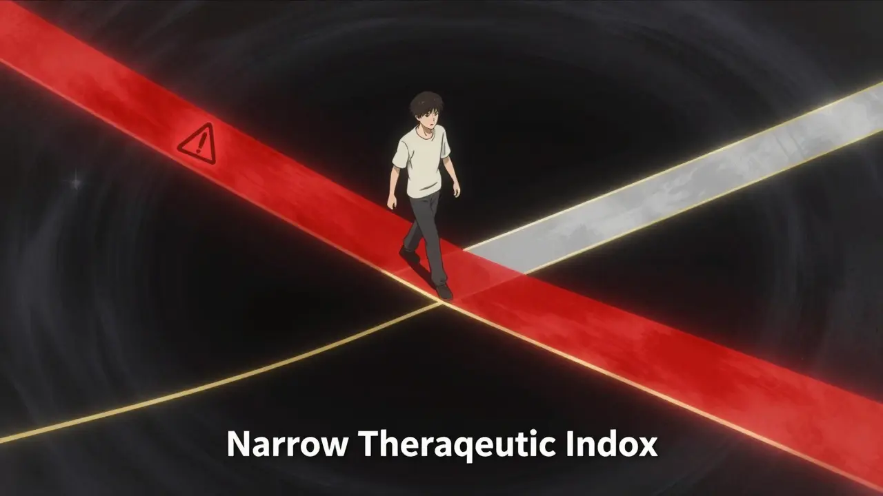 Conceptual anime illustration of a person balancing on a gold tightrope representing a narrow therapeutic index.