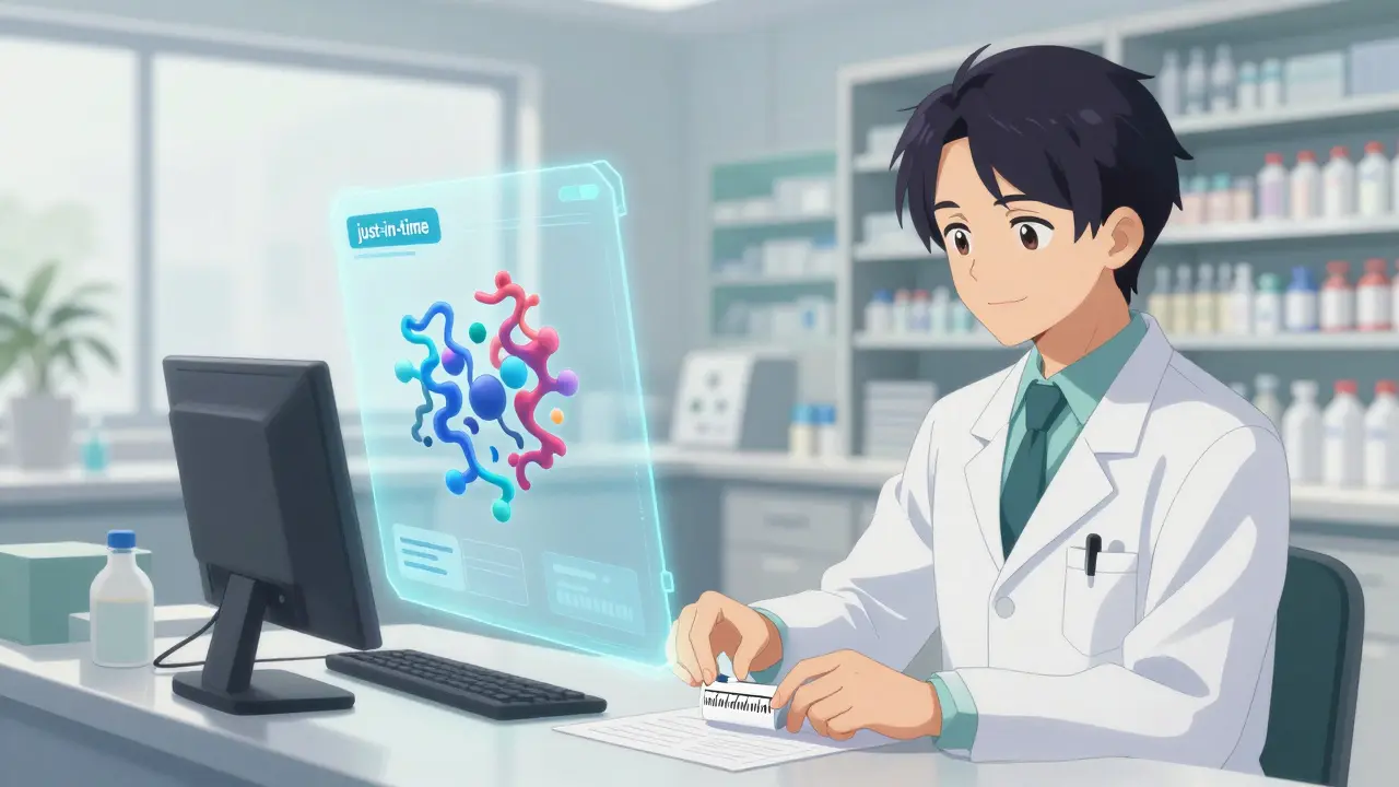 Futuristic anime pharmacy scene with an AI-powered learning interface for biosimilars.