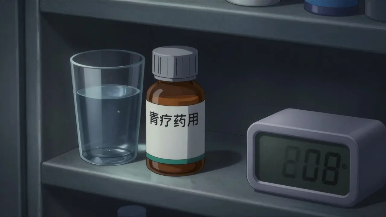 Medication bottle stored safely in a cool dark cabinet in anime style