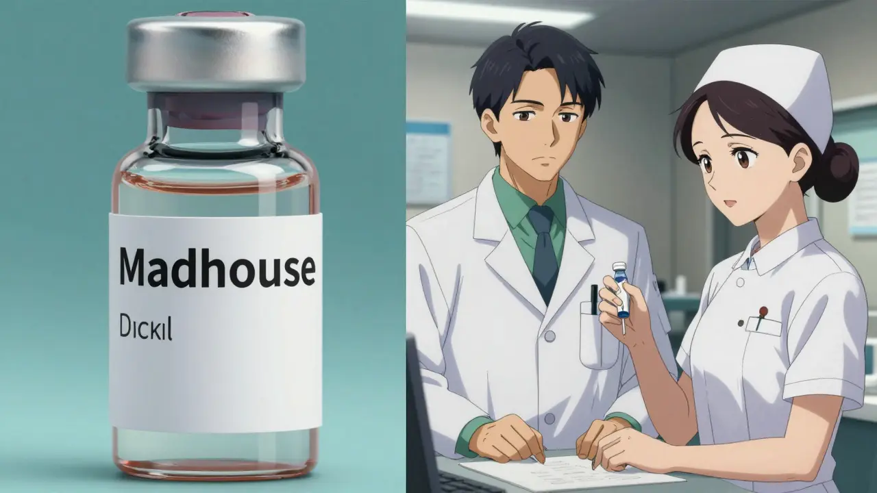 Pharmacists performing a rigorous double-check of a clearly labeled medication vial.