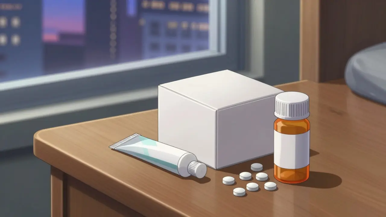 Prescription medication and a discreet delivery box on a bedside table