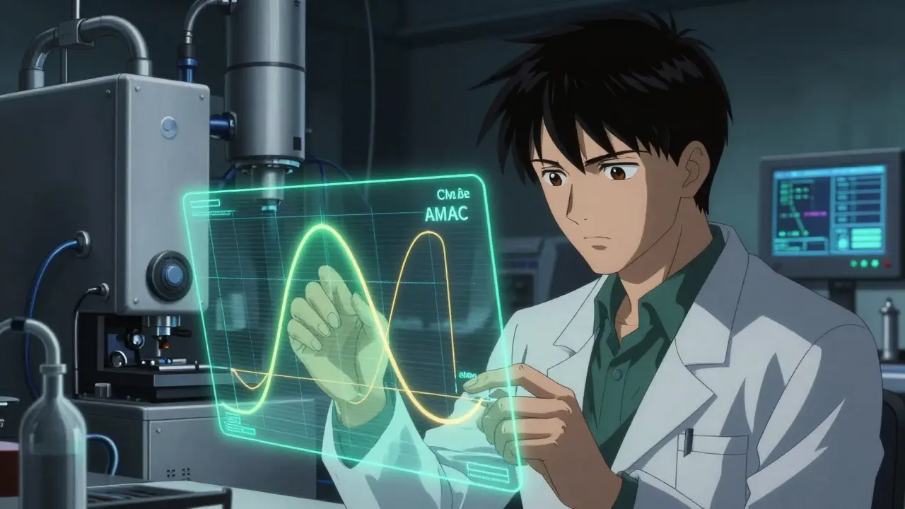 Scientist analyzing holographic pharmacokinetic curves in a high-tech lab in anime style.