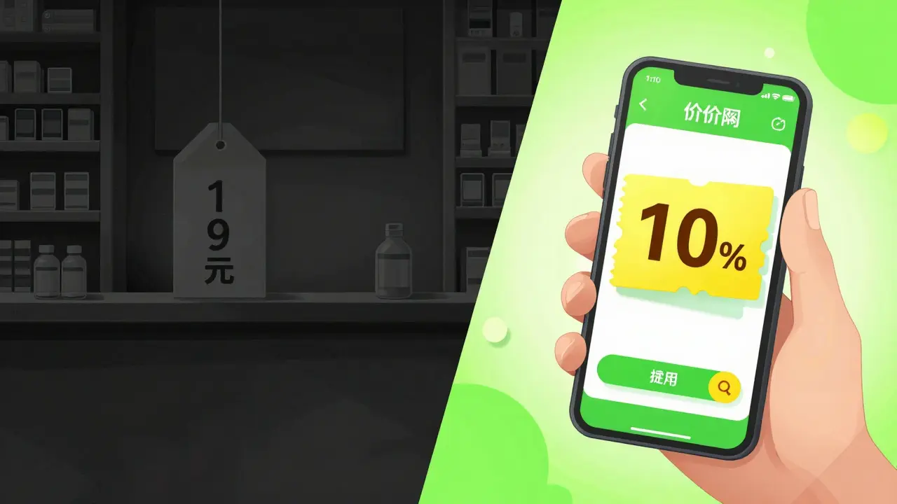 Split screen comparing expensive retail prices with a digital discount coupon in anime style.