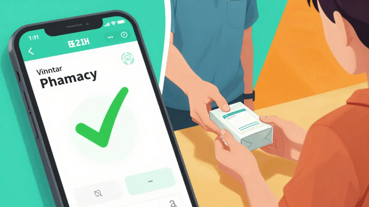 Split screen showing a pharmacy app and a medication delivery