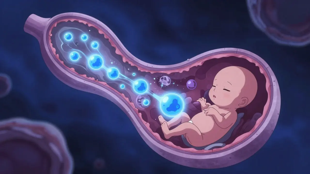 Stylized anime depiction of molecules crossing the placental barrier to a fetus.
