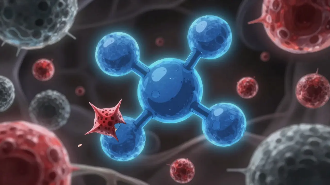 Abstract anime art showing folic acid interacting with iron and calcium.