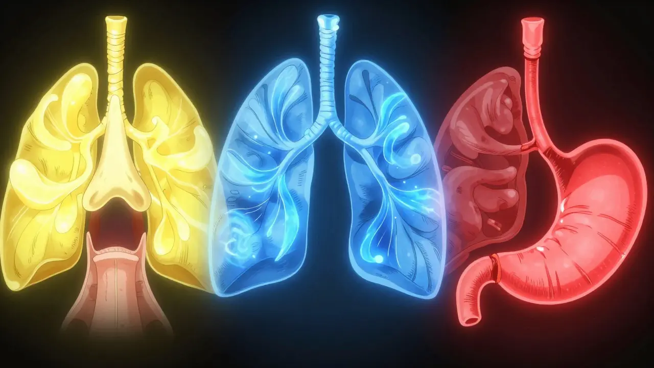 Anatomical illustration of nose, lungs, and stomach