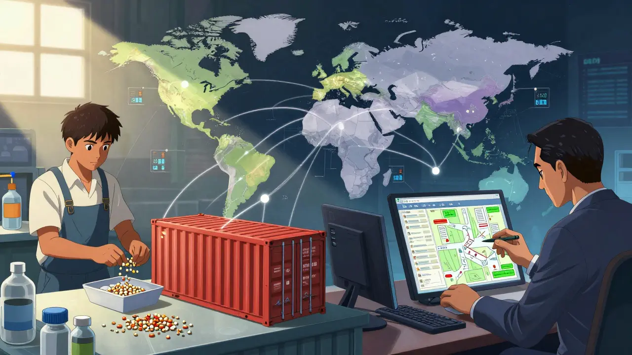Anime illustration depicting global drug supply chains and international manufacturing costs.