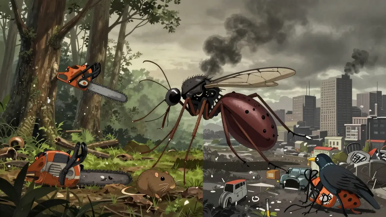 Anime illustration of deforestation and pests linking wildlife to human health risks.