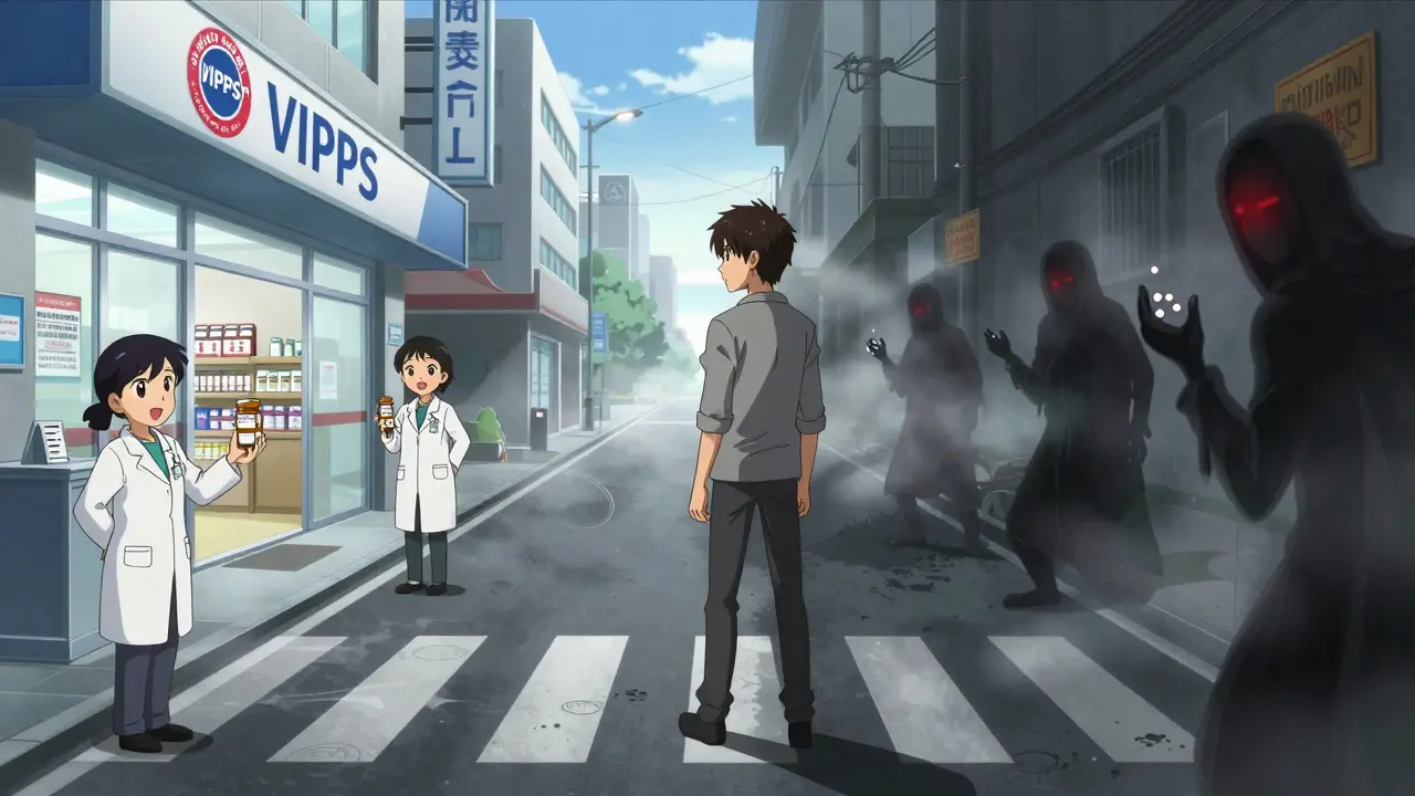 Anime metaphor of choosing safe pharmacies over risky online scams