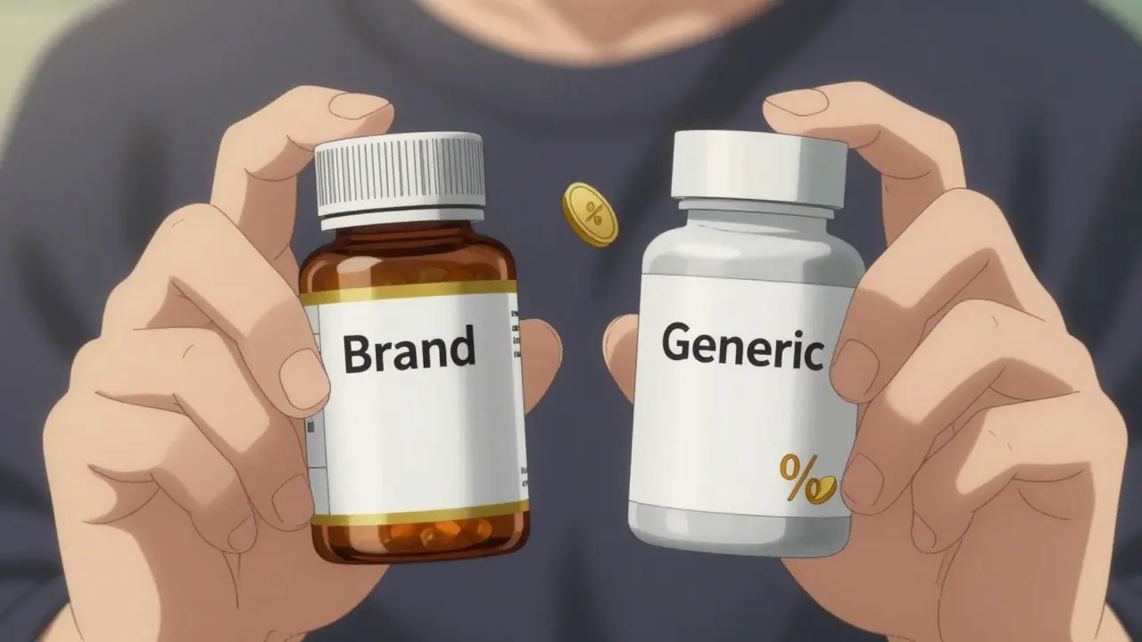 Anime style comparison of brand name vs generic medication costs