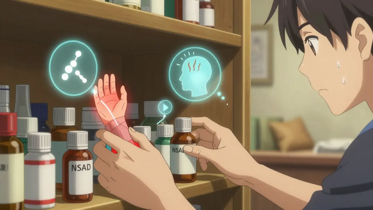 Character choosing pain reliever based on injury type with visual icons