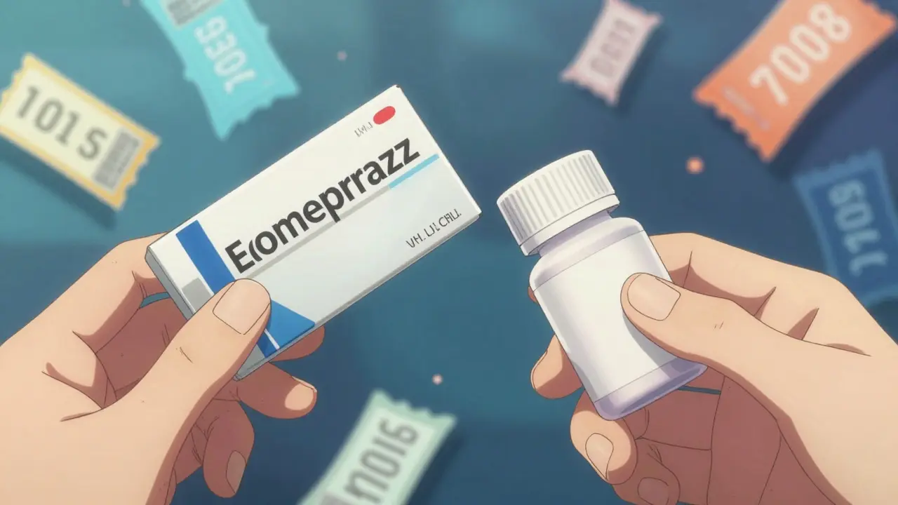 Close up comparison of branded vs generic medication bottles in anime art style