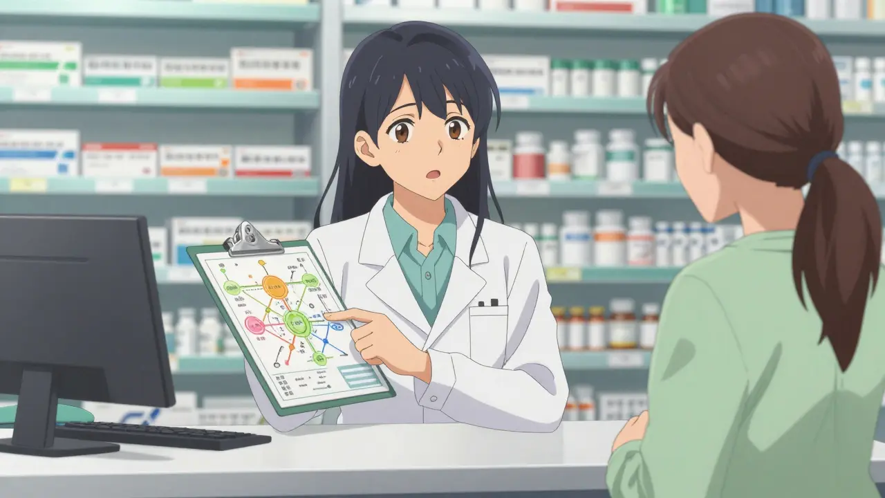 Doctor explaining medication interactions to a pregnant patient.