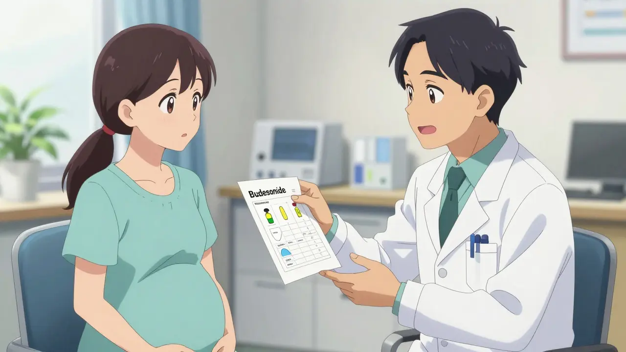 Doctor reassuring pregnant patient about safe nasal spray options.