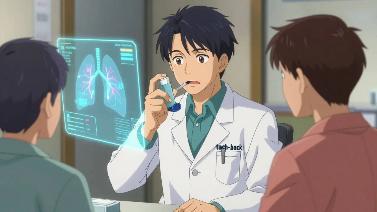 Doctor teaching patient to use smart inhaler with sensor
