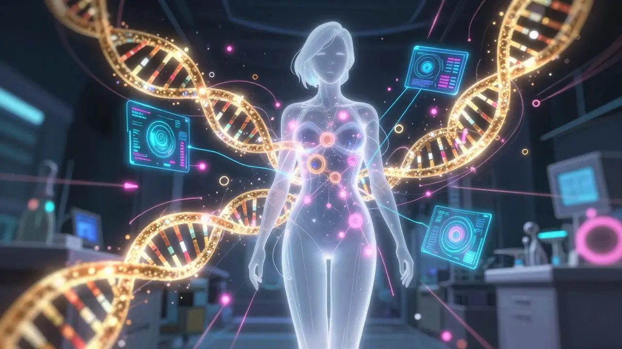Glowing DNA strands surrounding a woman silhouette