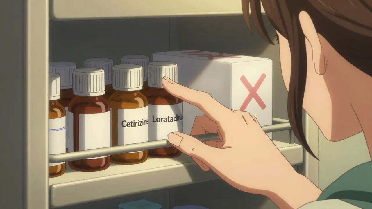 Hand selecting safe antihistamines while avoiding decongestants in shadows.