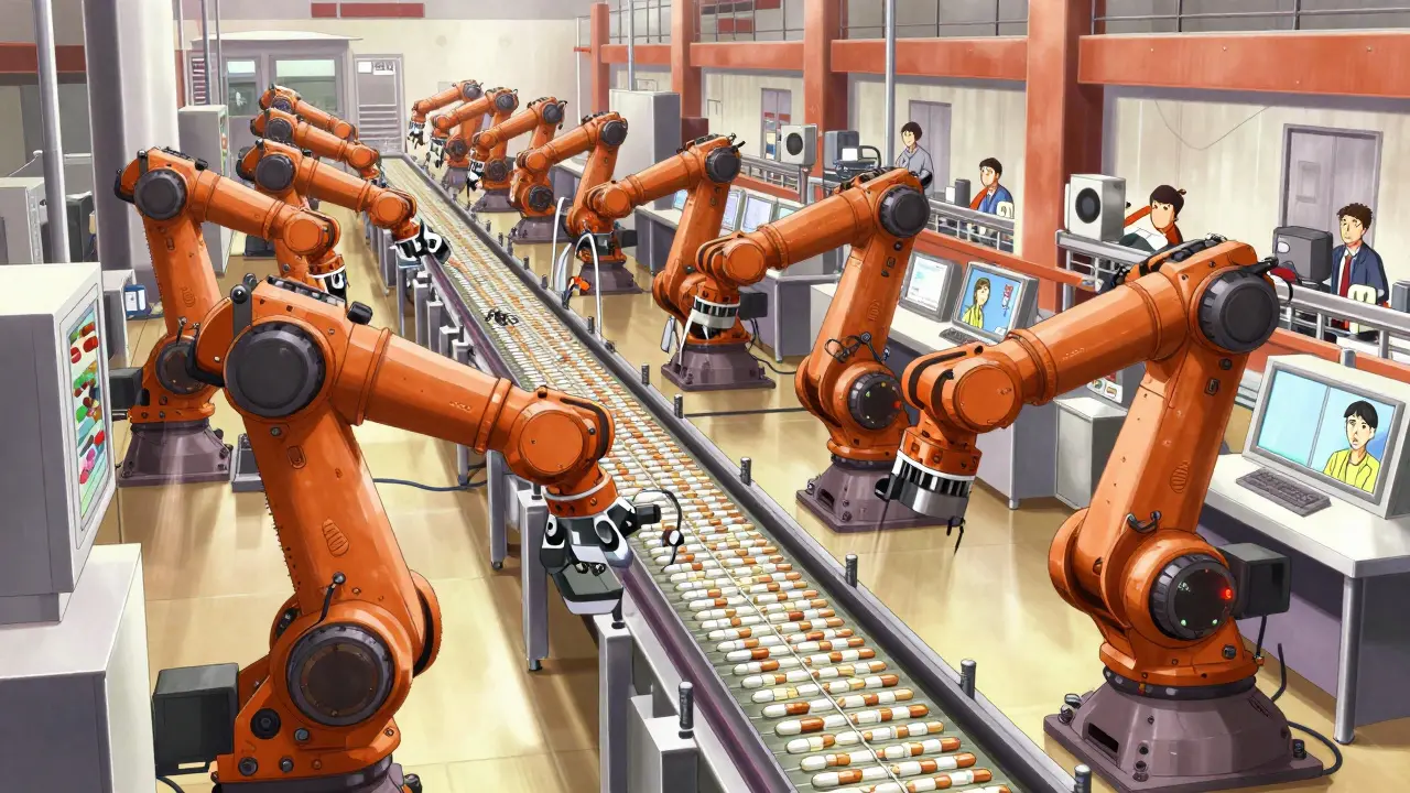 Madhouse-style animated factory floor showing automated mass production of generic pills.