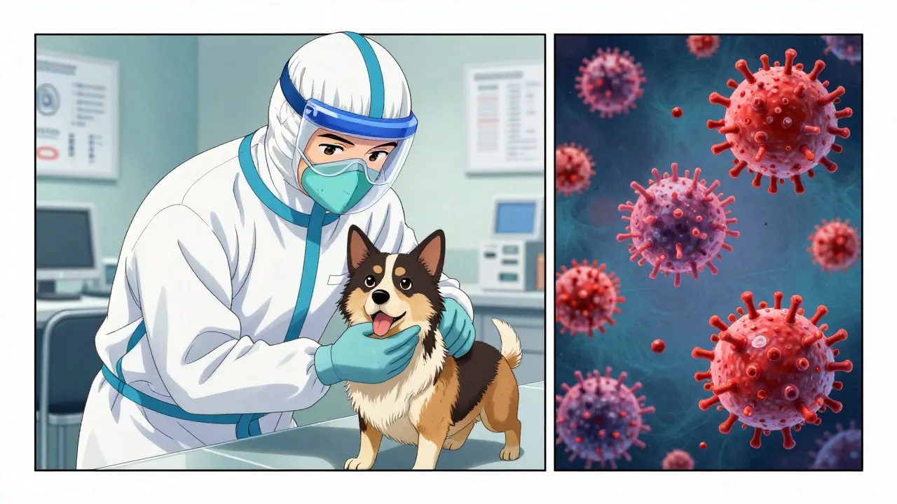 Madhouse style anime vet examining a dog, with microscopic pathogens shown nearby.